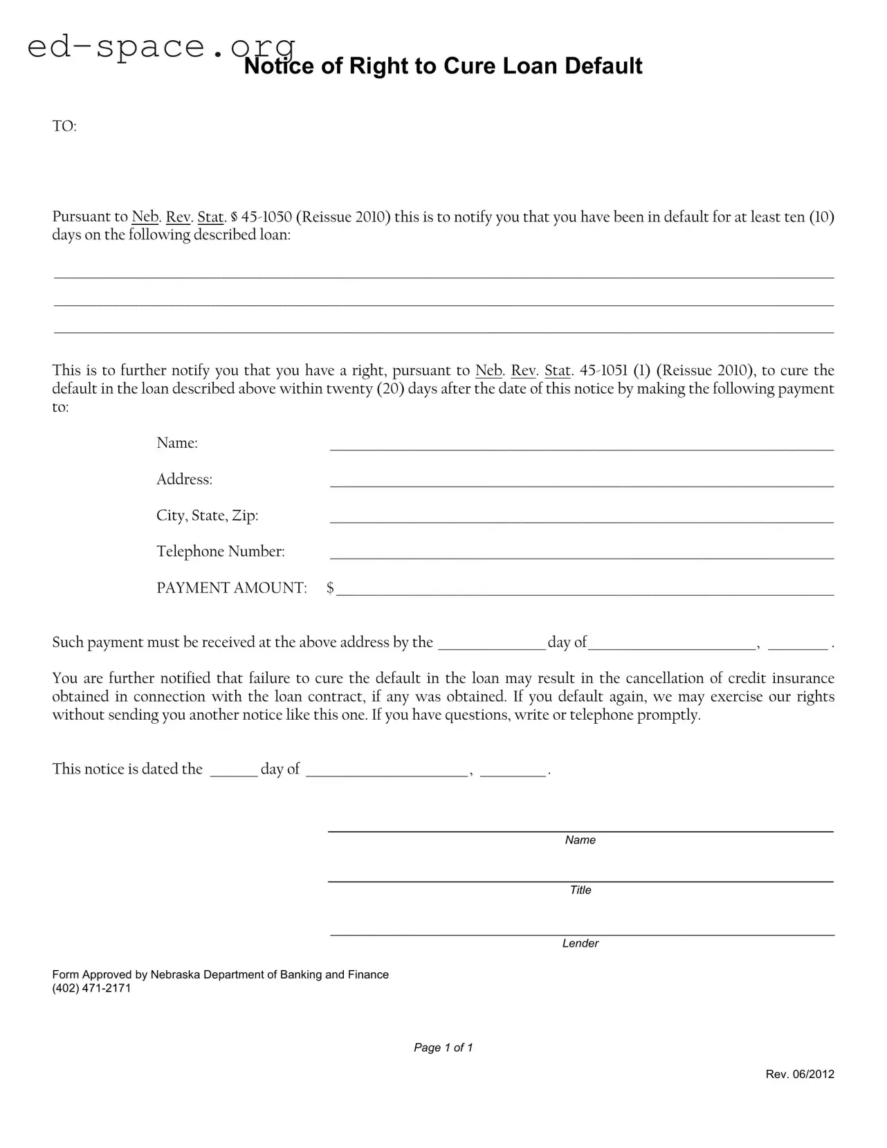 Blank Notice Of Right To Cure Auto Loan Letter PDF Form