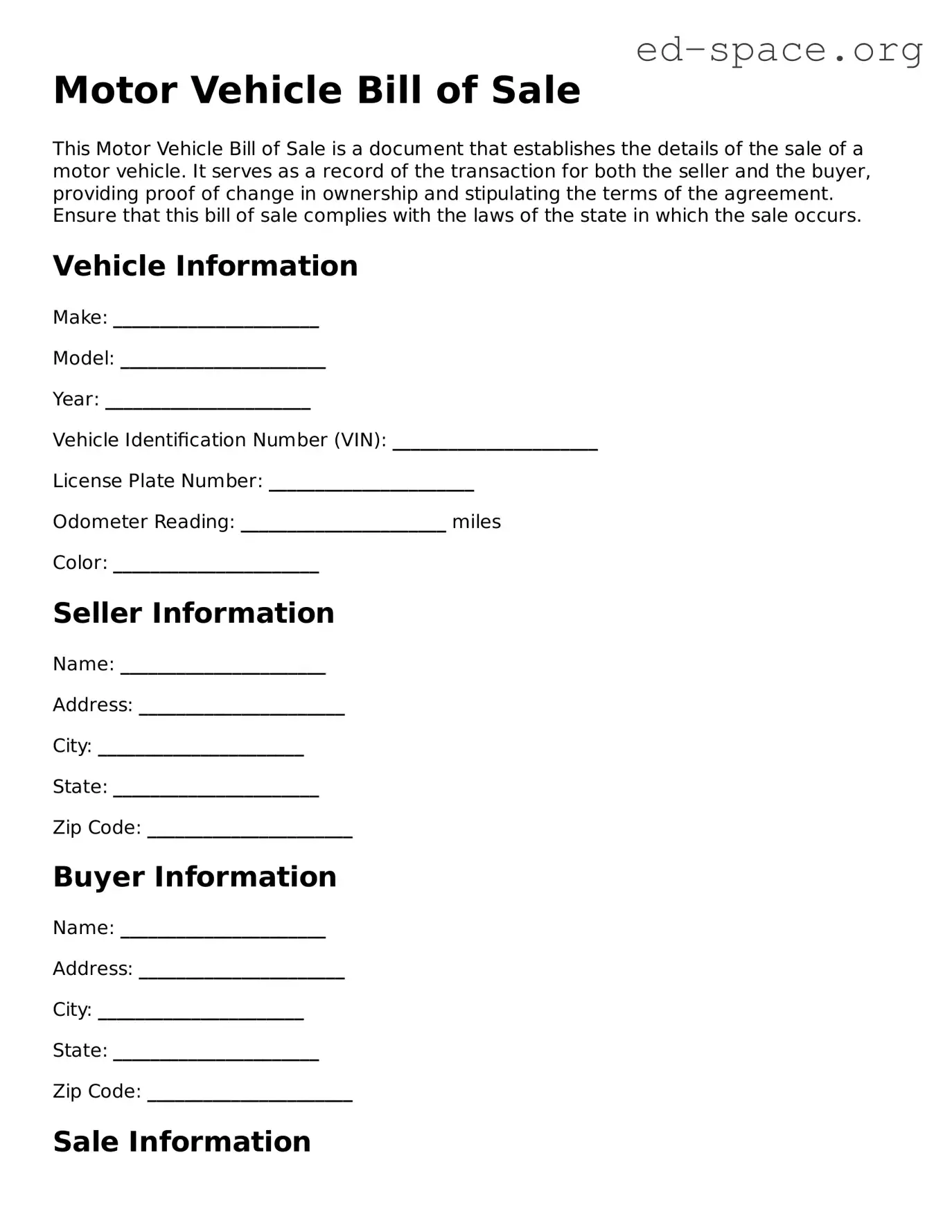 Fillable Motor Vehicle Bill of Sale Template