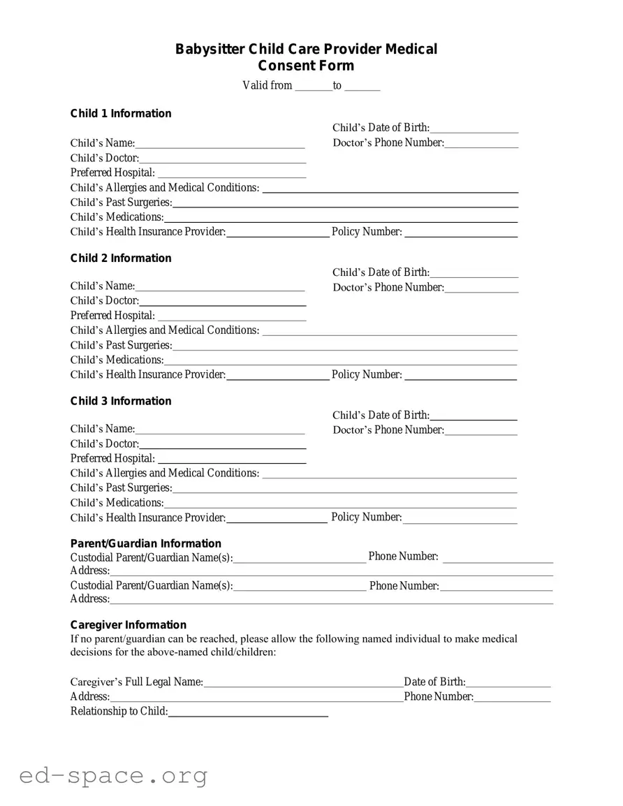 Blank Medical Consent Babysitter PDF Form
