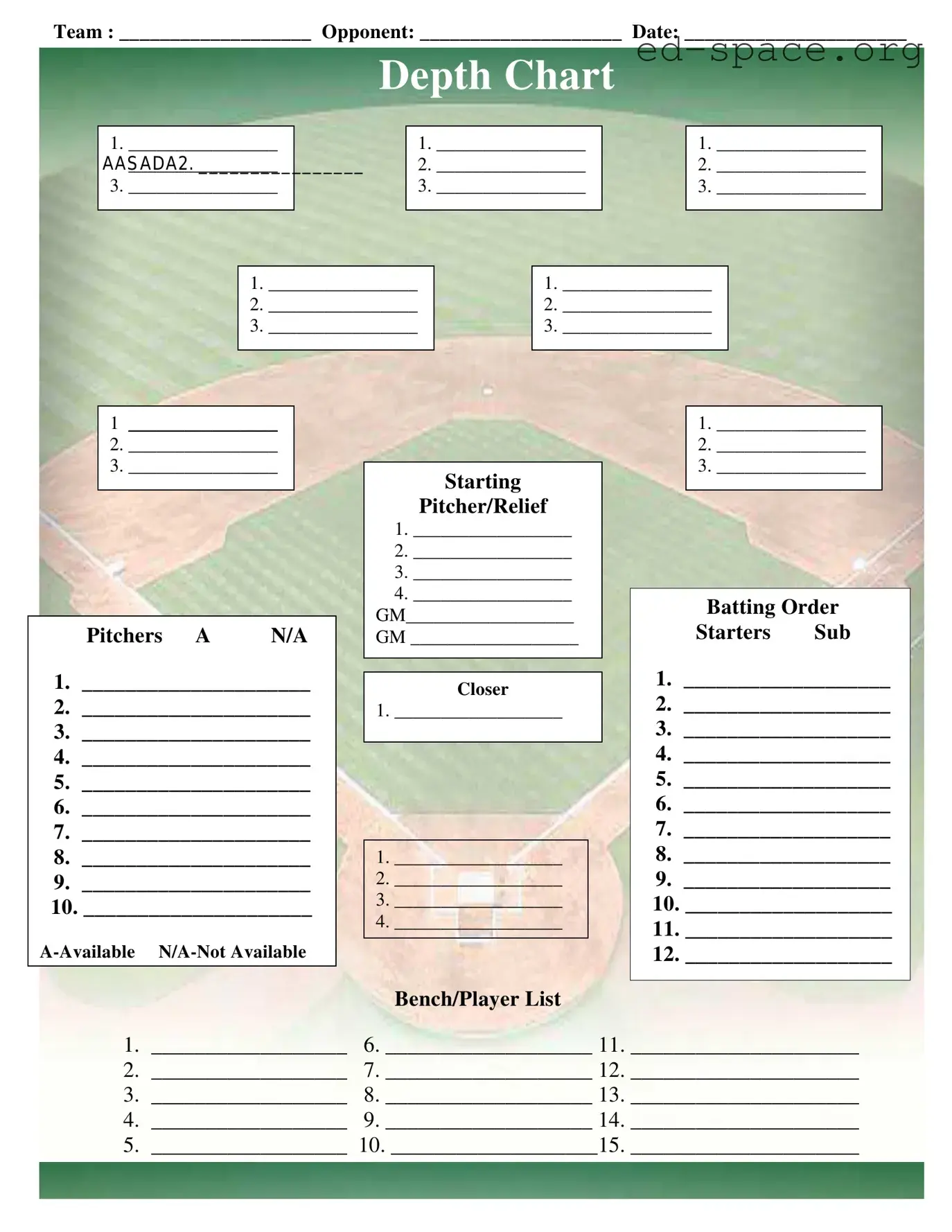 Blank Baseball Field Lineup PDF Form