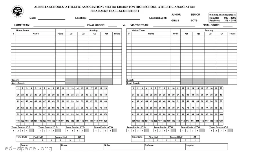 Blank Basketball Scoresheet PDF Form