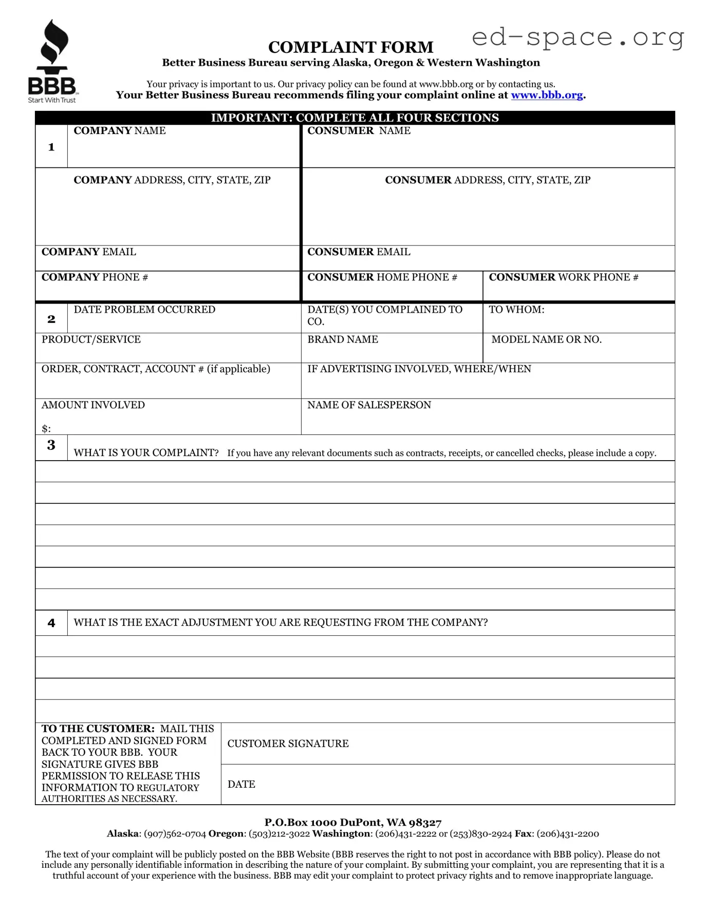 Blank Bbb Complaint PDF Form