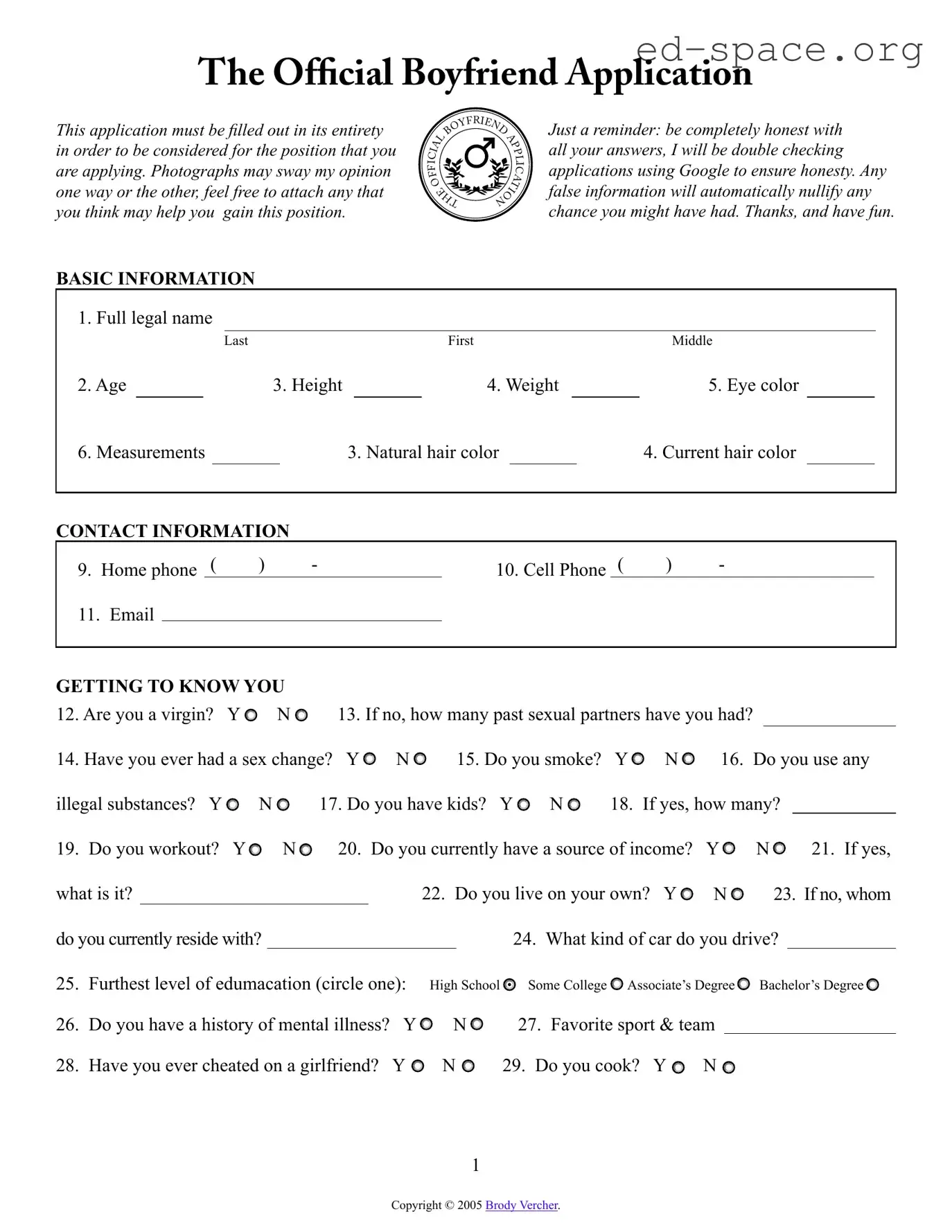 Blank Boyfriend application form PDF Form