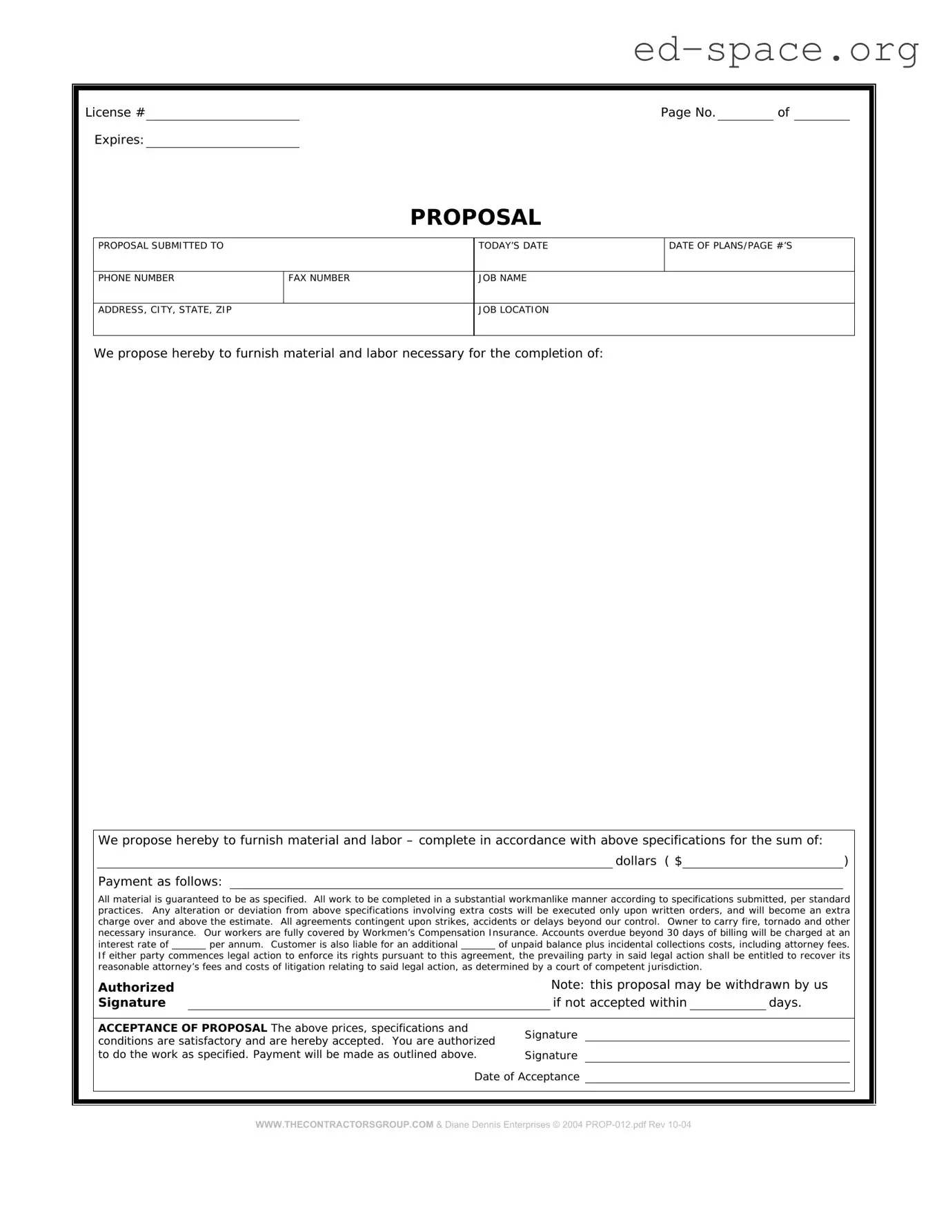 Blank Construction proposal form PDF Form