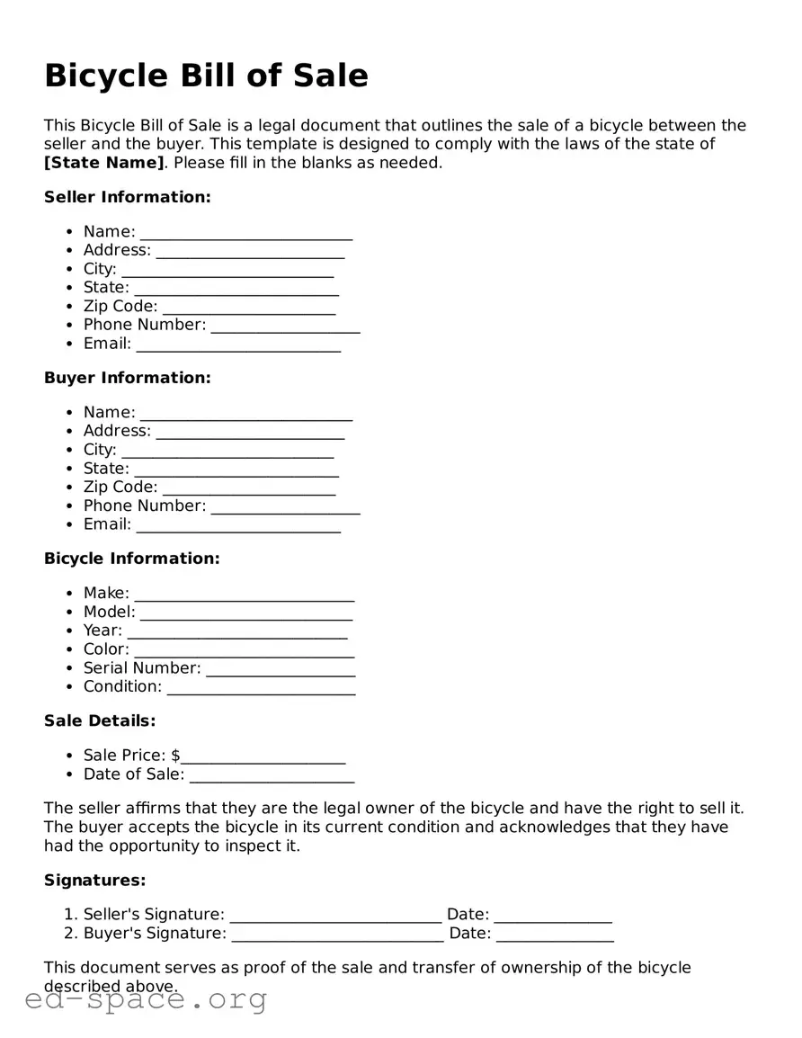 Fillable Bicycle Bill of Sale Template