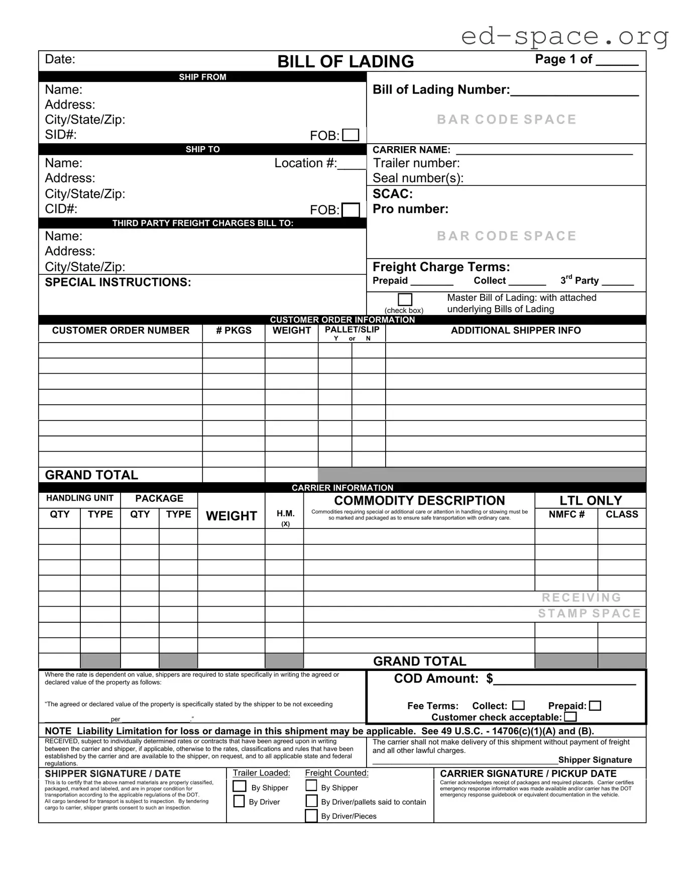 Blank Bill of Lading with a Supplement PDF Form