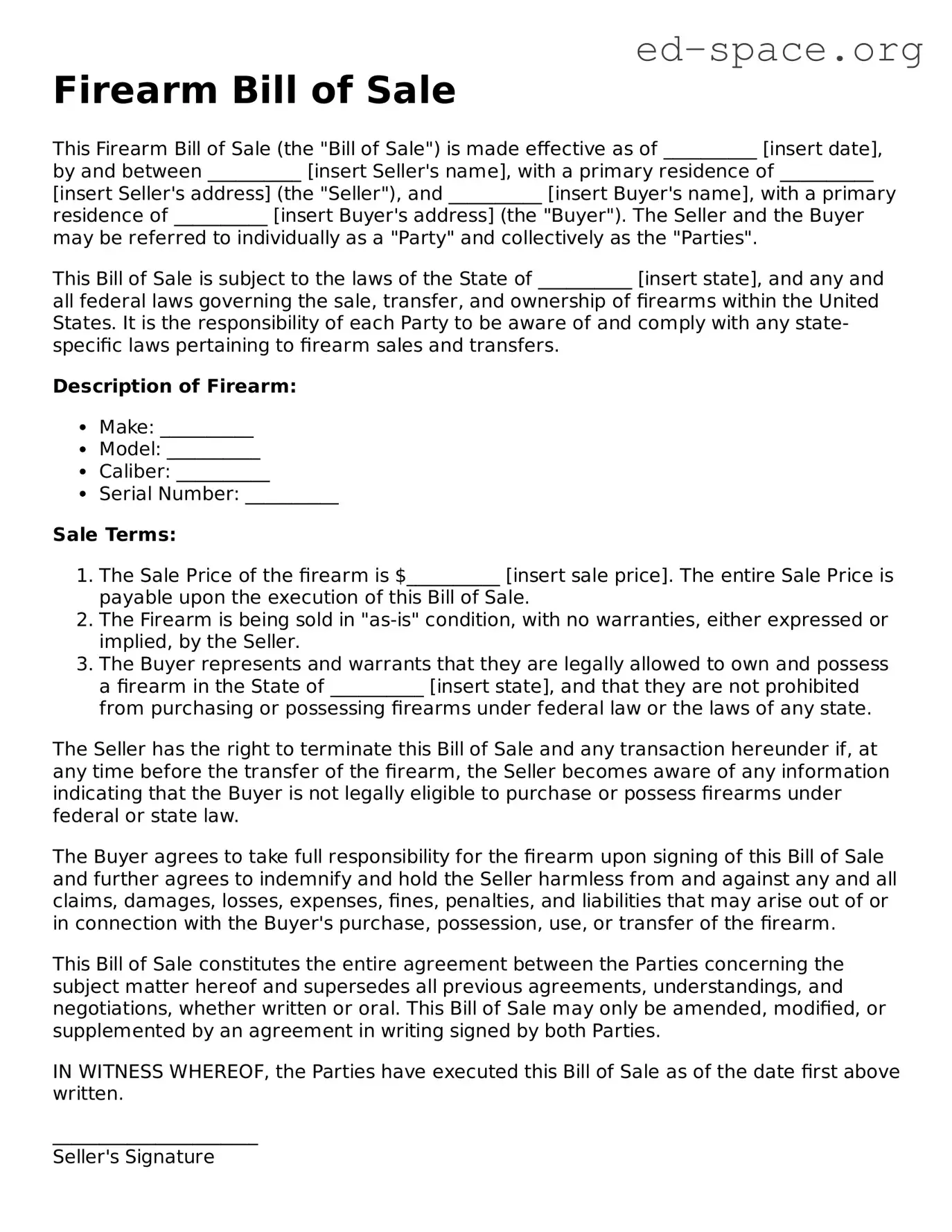 Fillable Firearm Bill of Sale Template