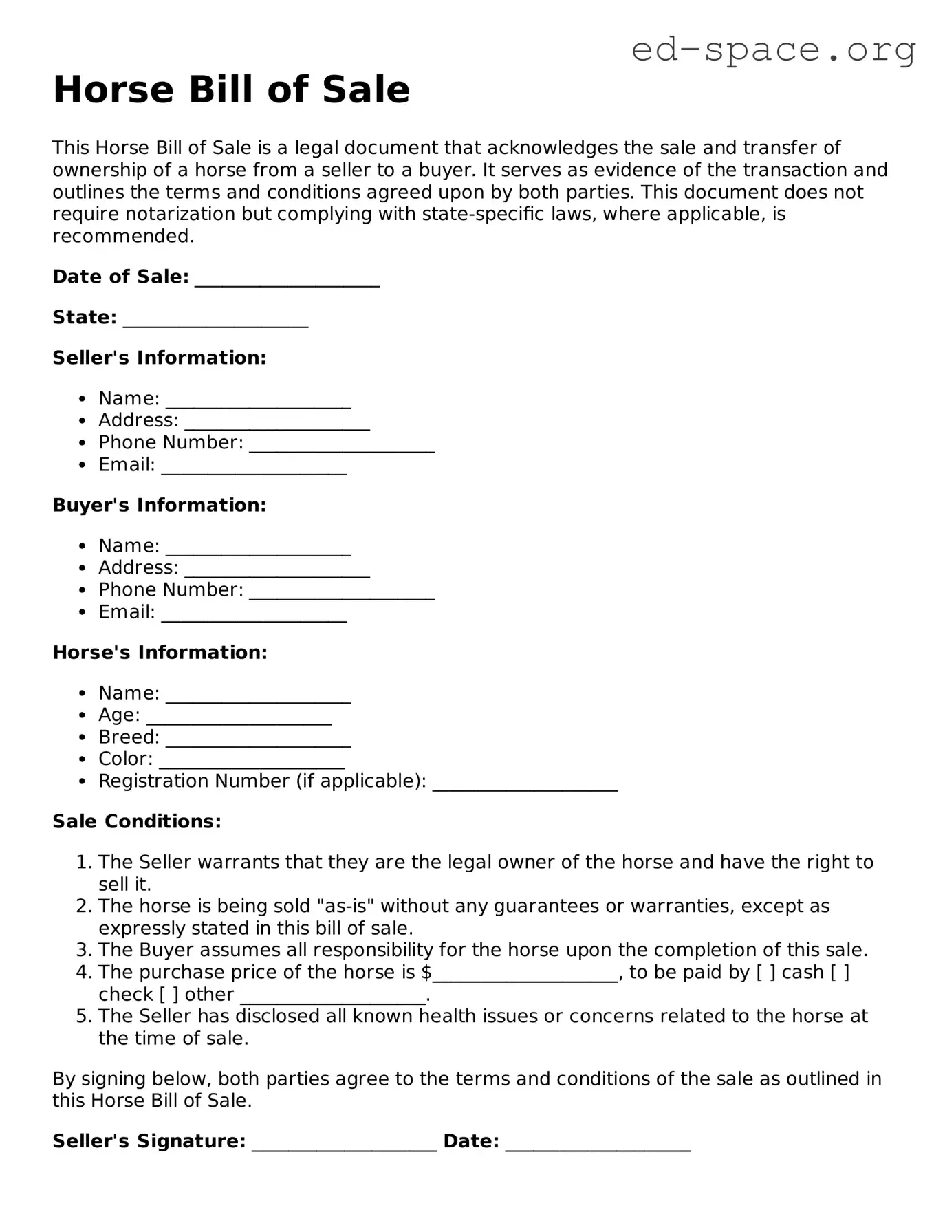 Fillable Horse Bill of Sale Template