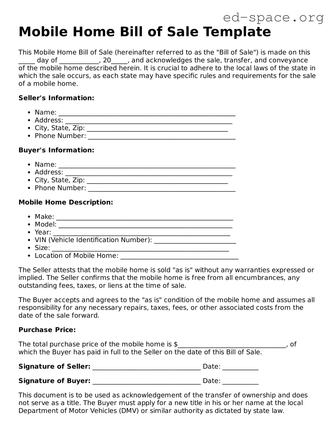 Fillable Mobile Home Bill of Sale Template