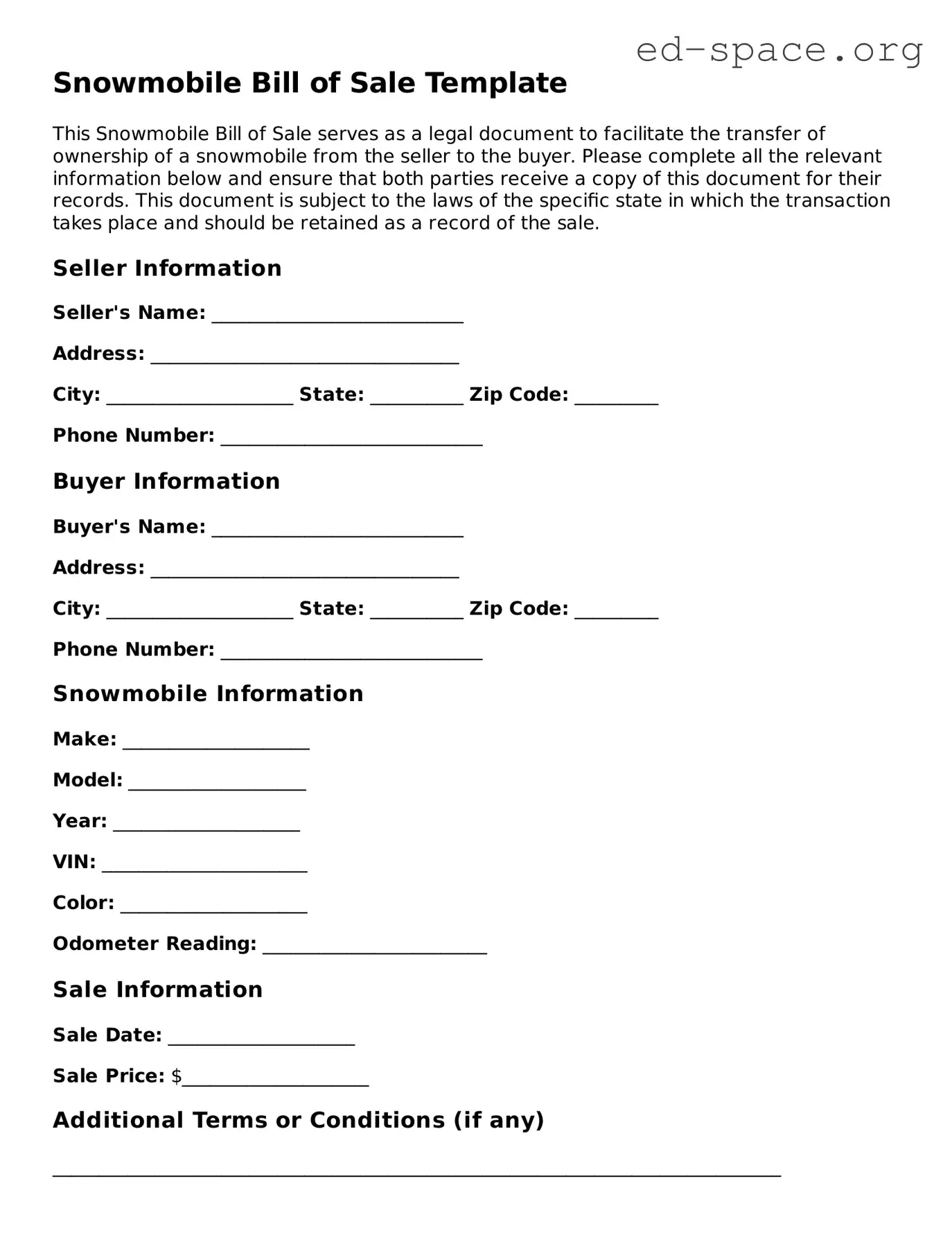 Fillable Snowmobile Bill of Sale Template