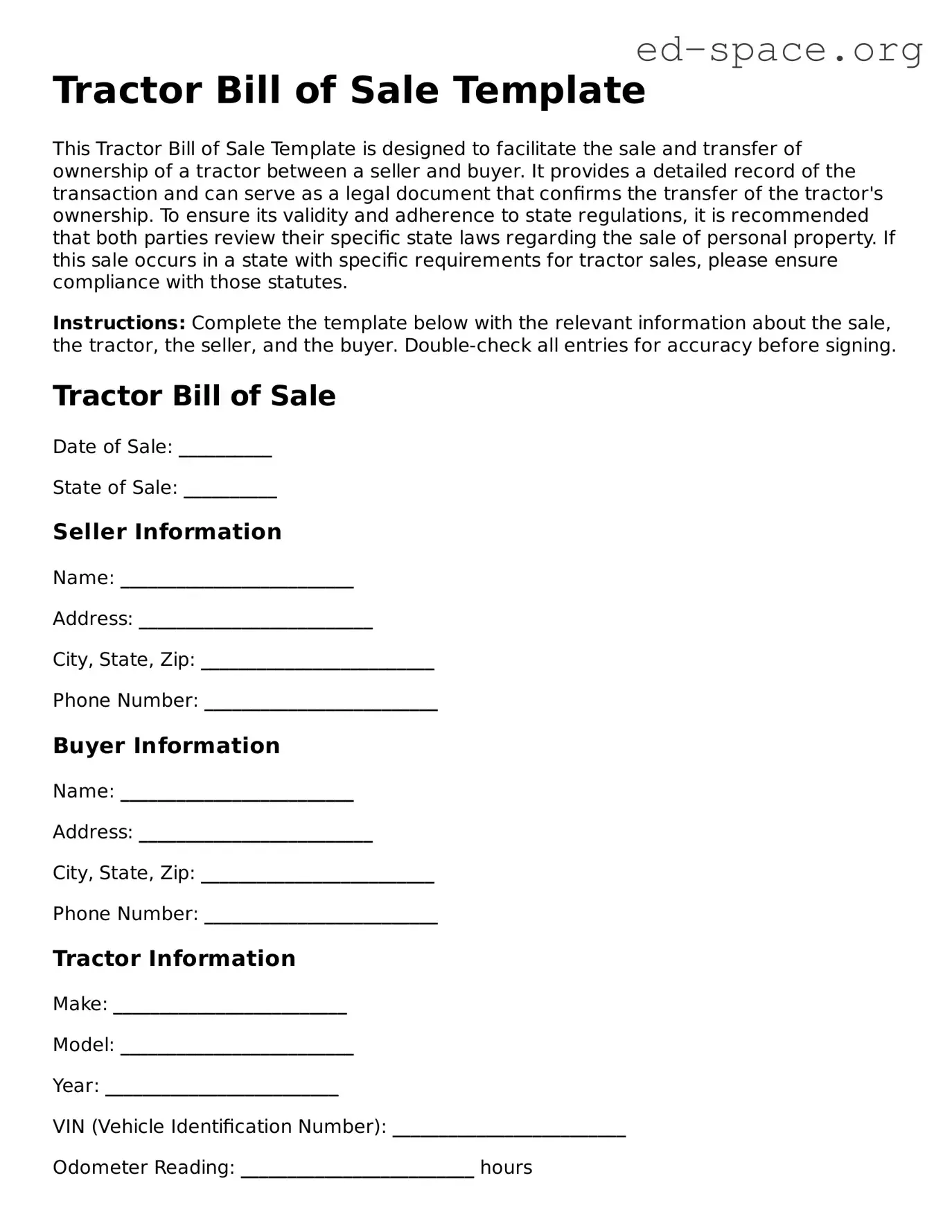 Fillable Tractor Bill of Sale Template