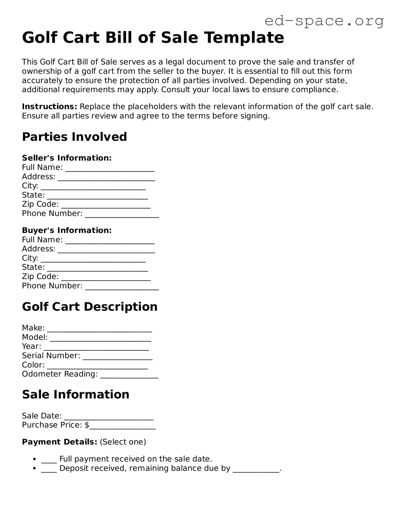 Fillable Golf Cart Bill of Sale Template