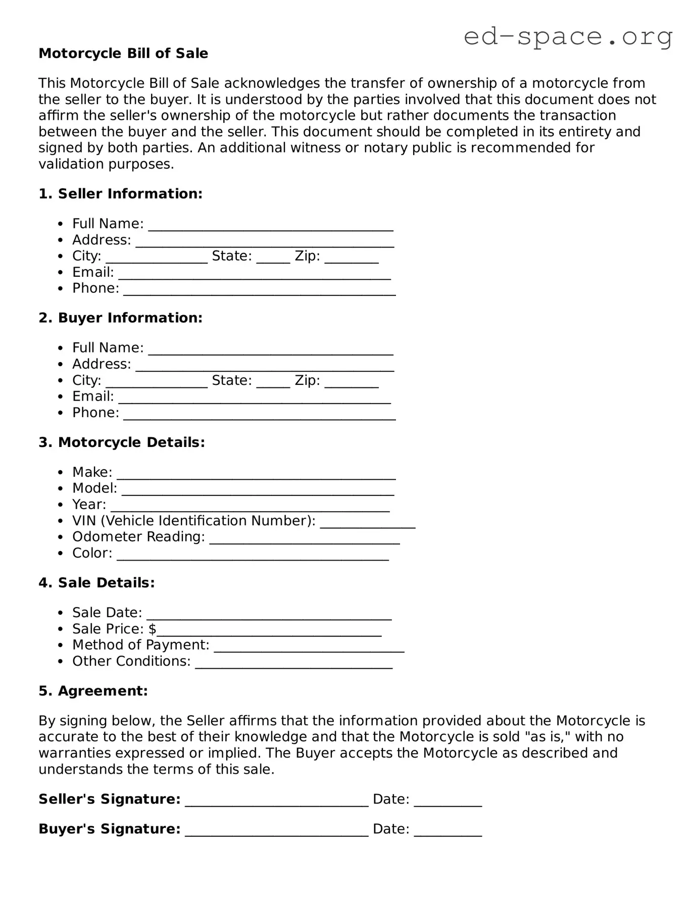 Fillable Motorcycle Bill of Sale Template