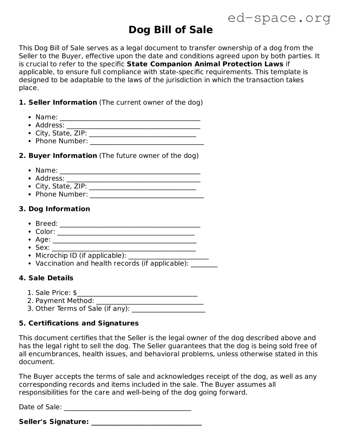 Fillable Dog Bill of Sale Template