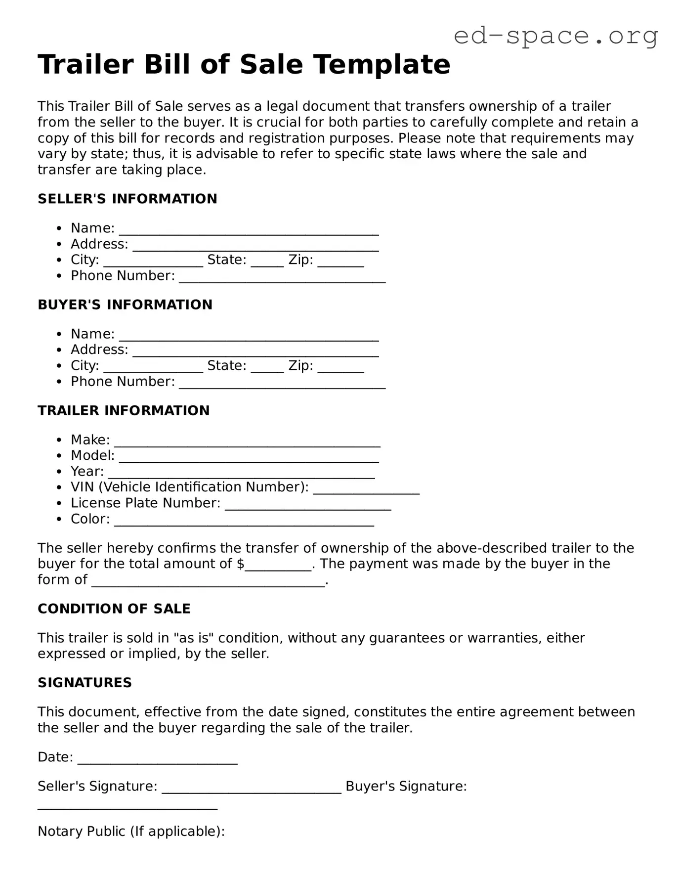 Fillable Trailer Bill of Sale Template
