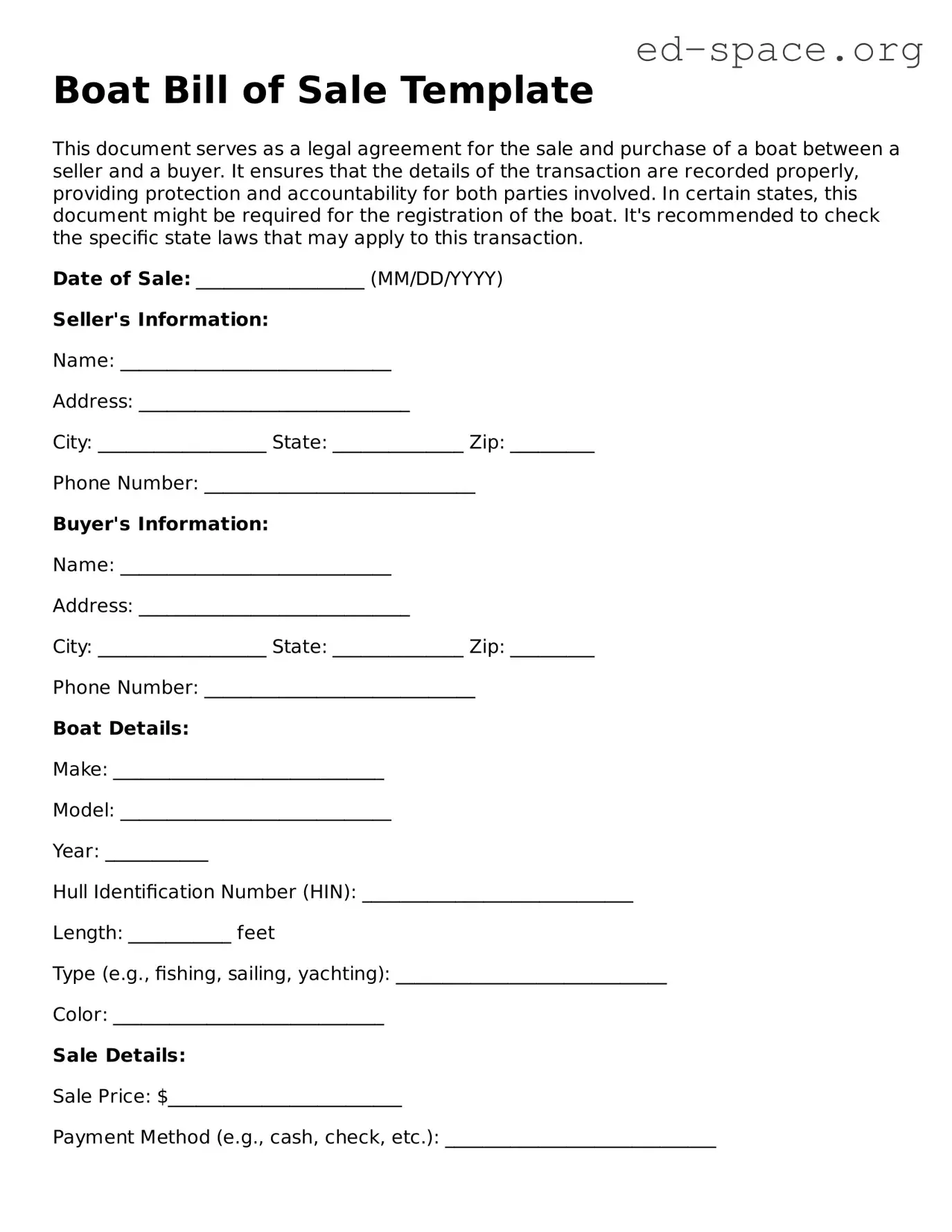 Fillable Boat Bill of Sale Template