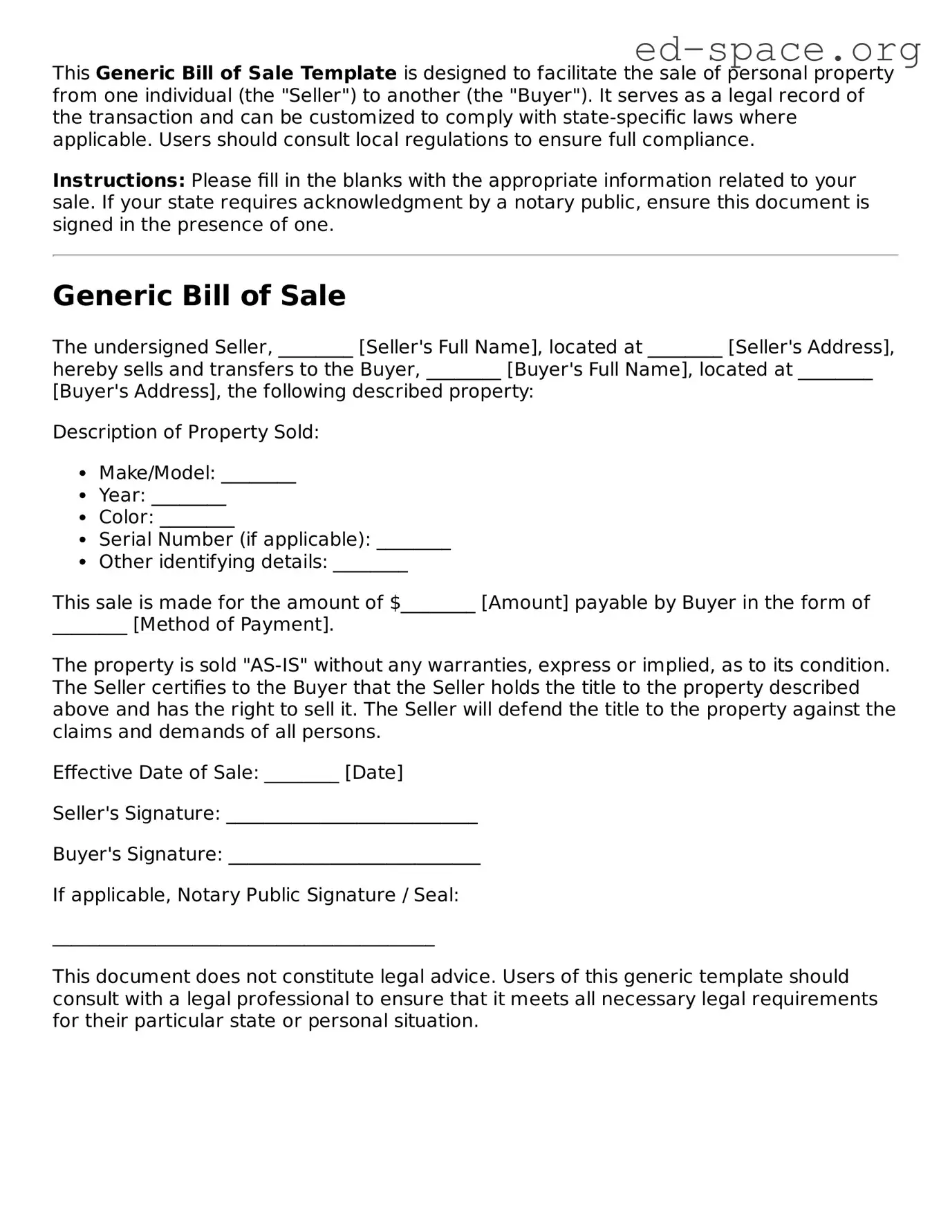 Fillable Bill of Sale Template
