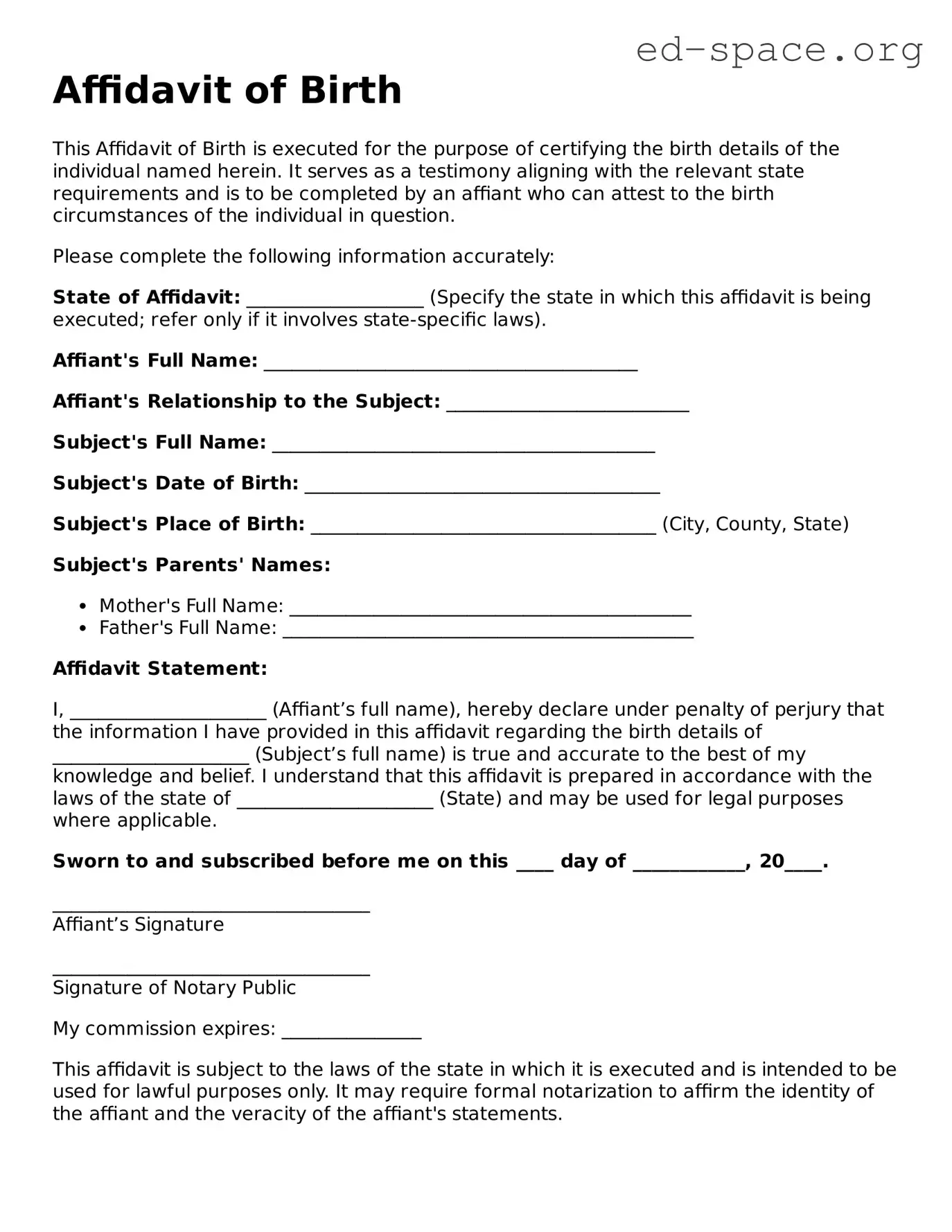 Fillable Affidavit of Birth Template