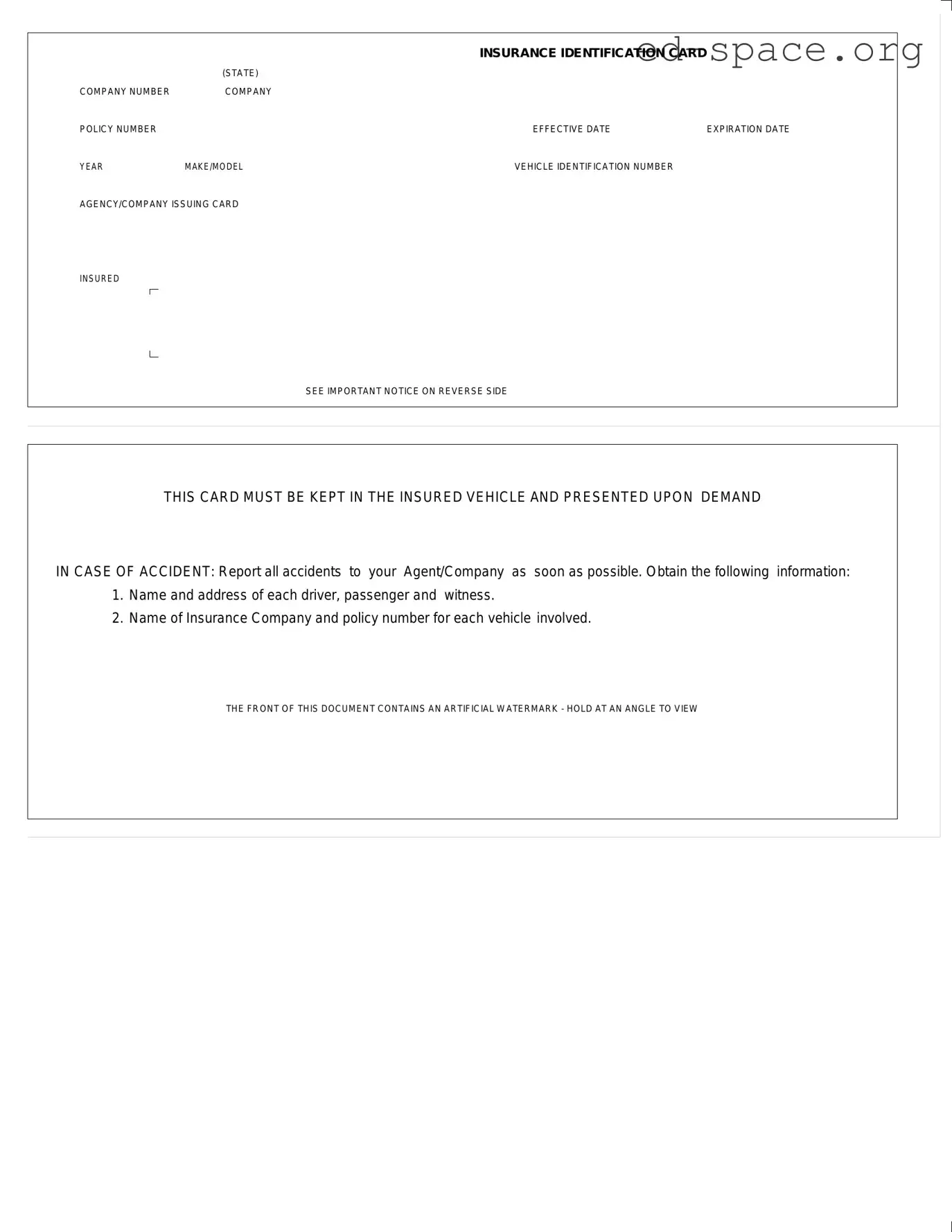 Blank Auto Insurance Card PDF Form