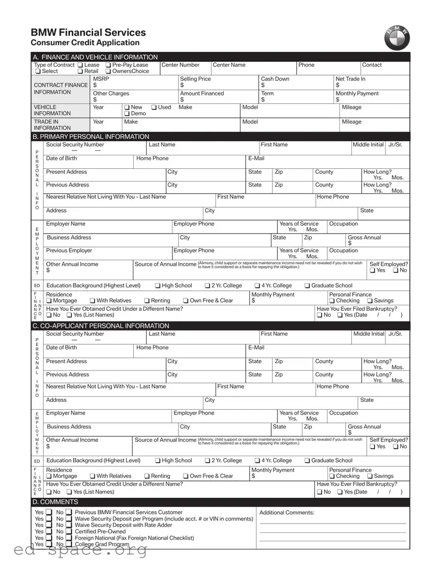 Blank Bmw Credit Application PDF Form