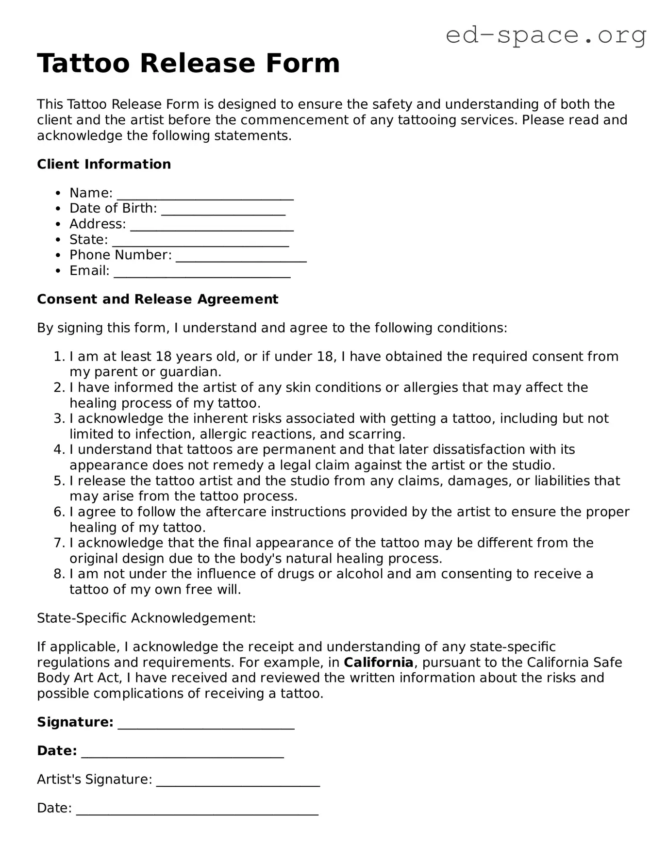 Fillable Tattoo Release Template