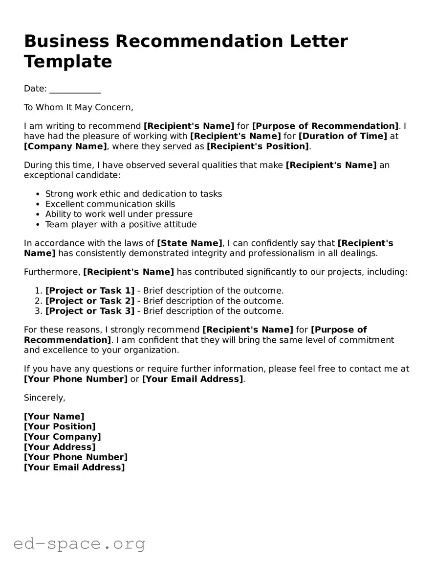 Fillable Business Recommendation Letter Template