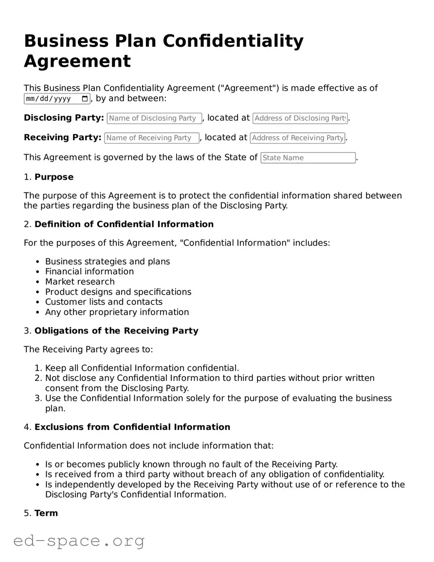 Fillable Business Plan Confidentiality Agreement Template