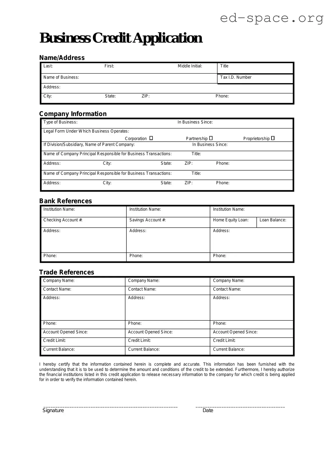 Blank Business Credit Application PDF Form