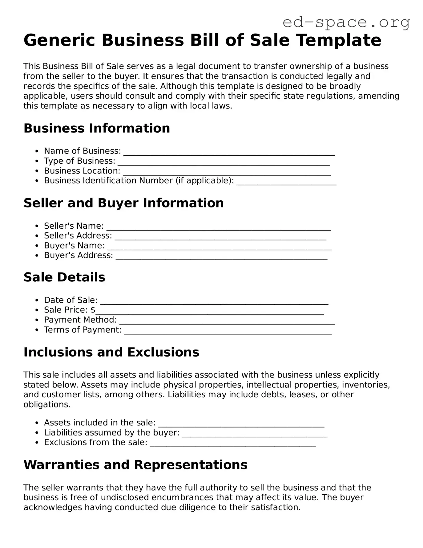 Fillable Business Bill of Sale Template