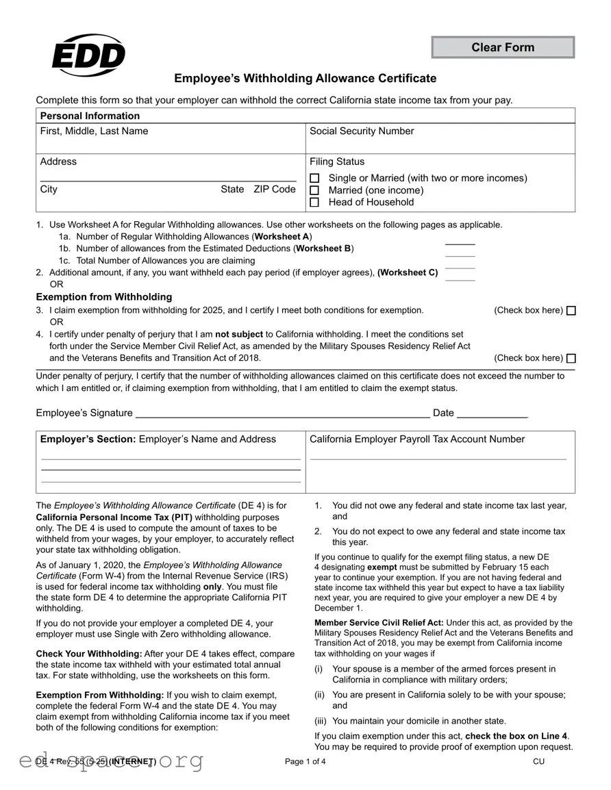Blank California De 4 PDF Form
