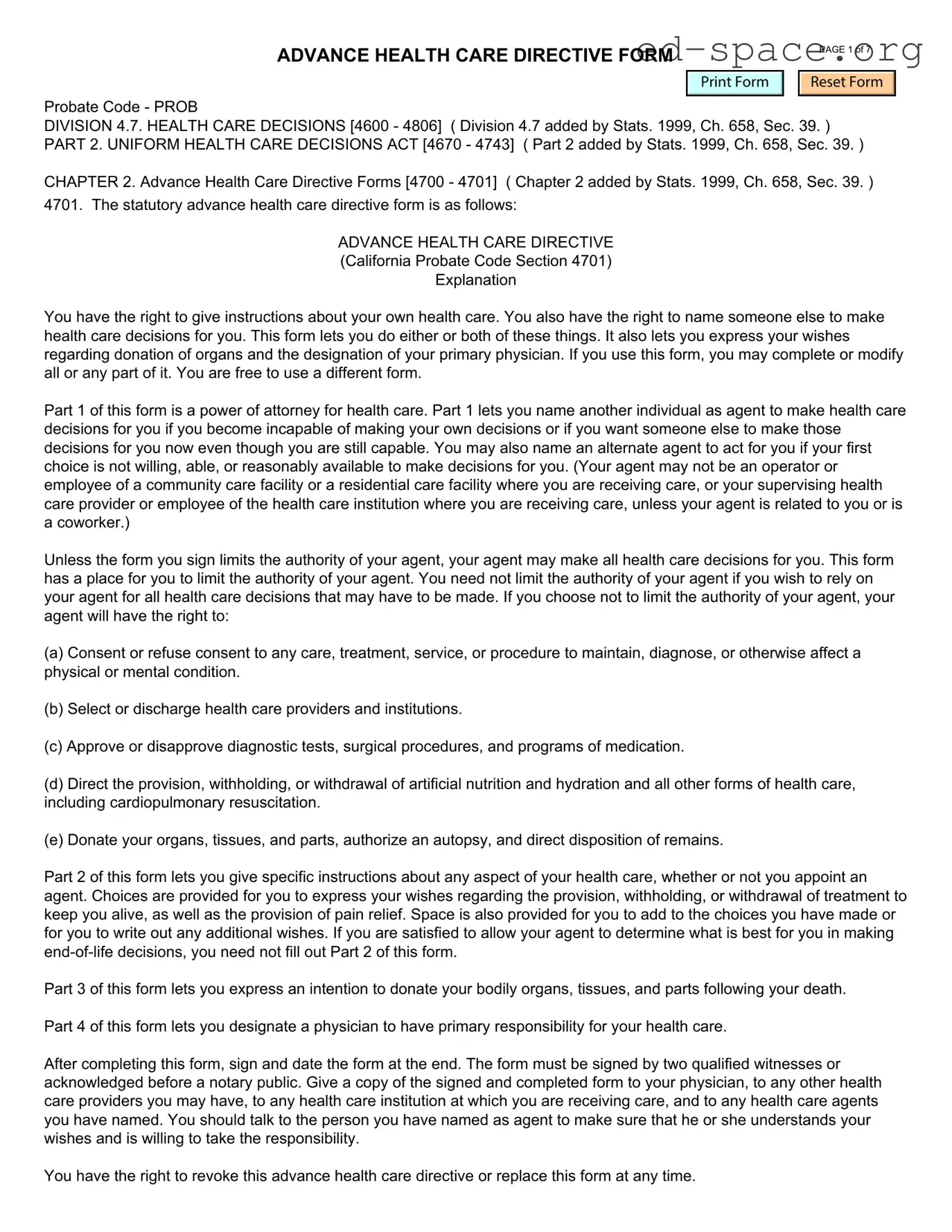 Blank California Advanced Health Care Directive PDF Form