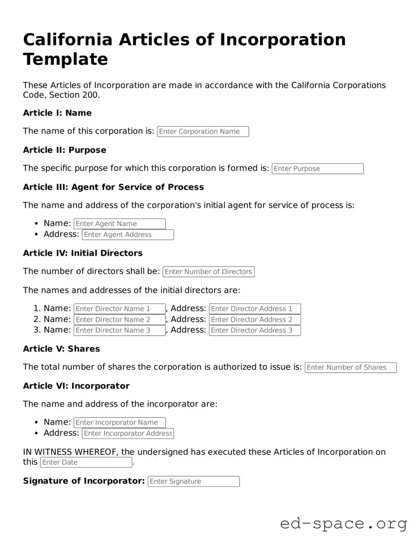 Free  Articles of Incorporation Form for California
