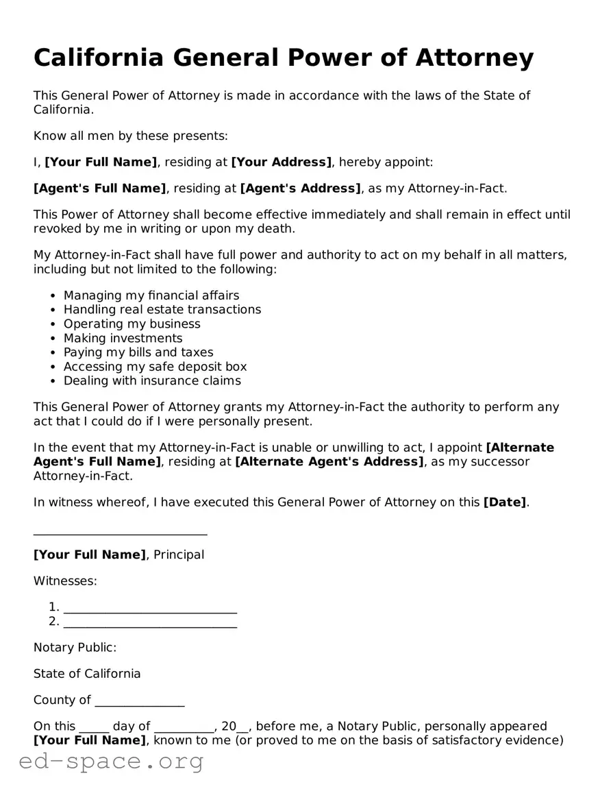 Free  General Power of Attorney Form for California
