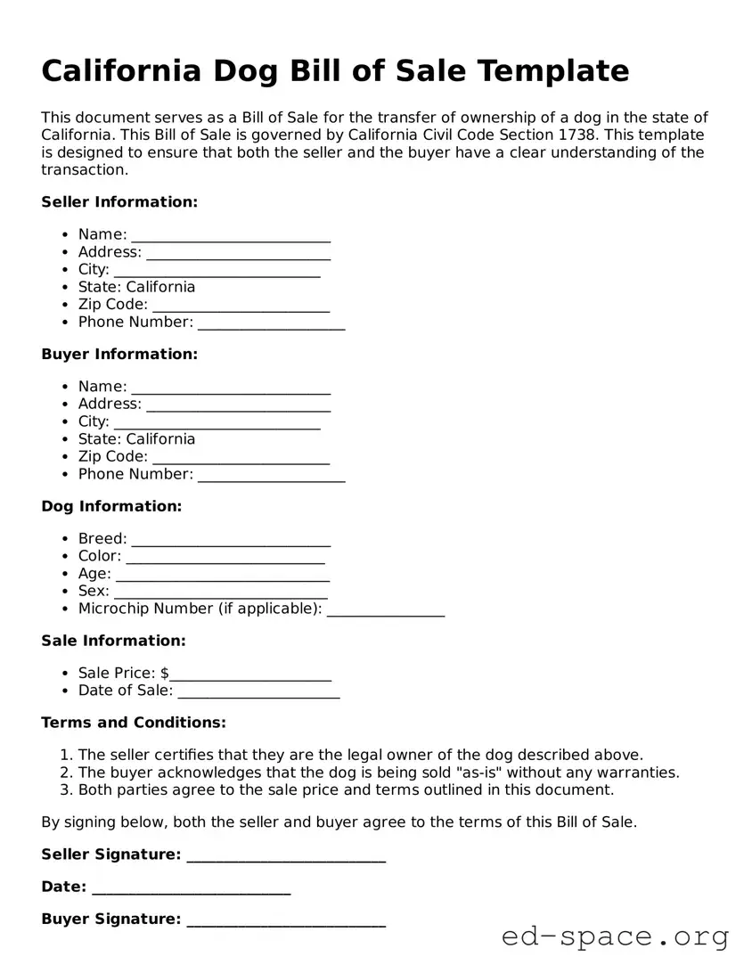 Free  Dog Bill of Sale Form for California