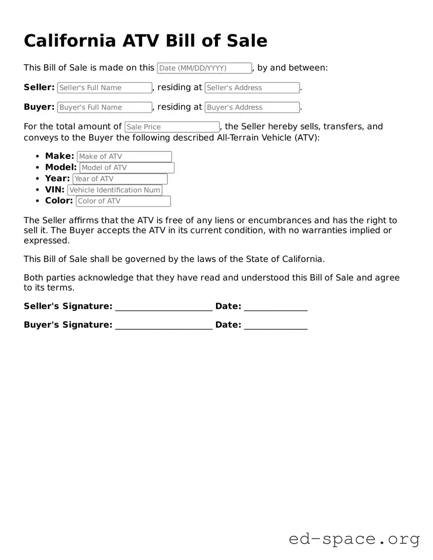 Free  ATV Bill of Sale Form for California