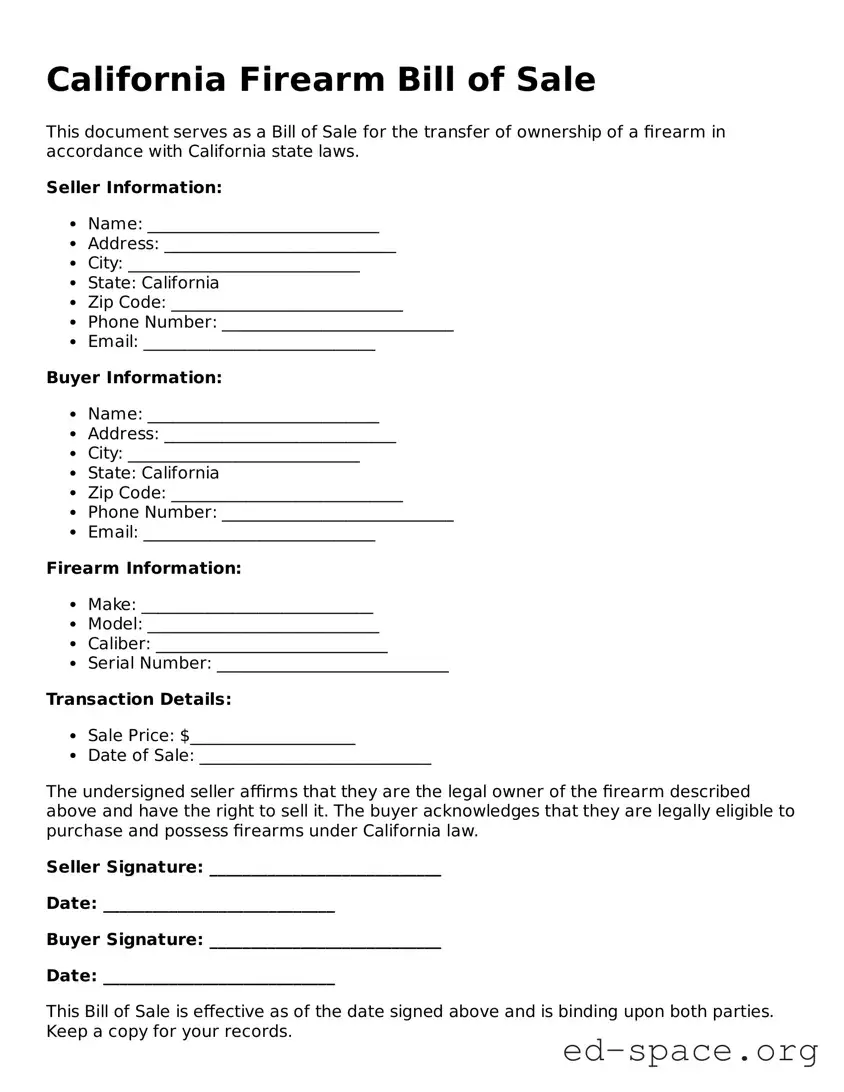 Free  Firearm Bill of Sale Form for California