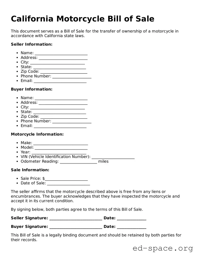 Free  Motorcycle Bill of Sale Form for California