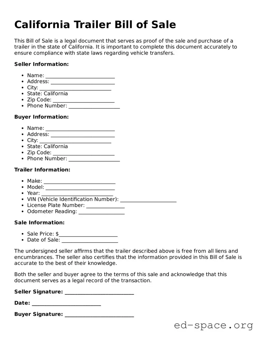 Free  Trailer Bill of Sale Form for California