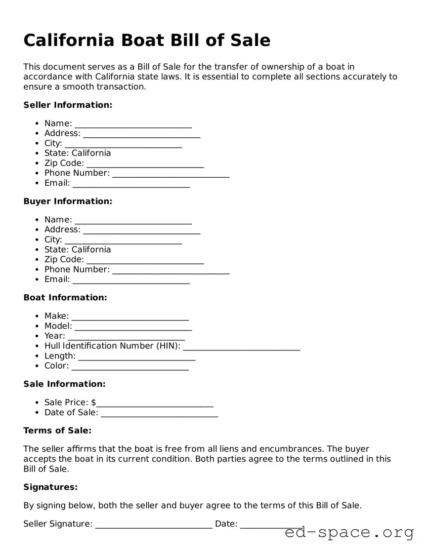 Free  Boat Bill of Sale Form for California