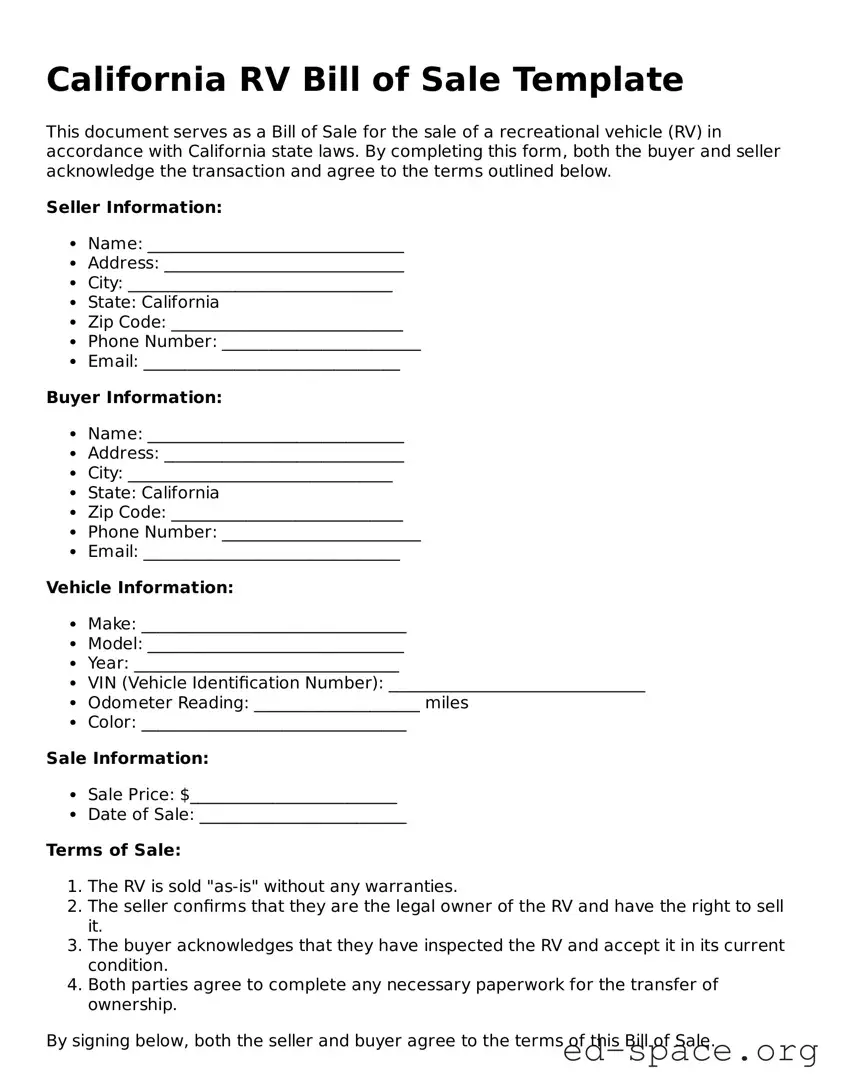 Free  RV Bill of Sale Form for California