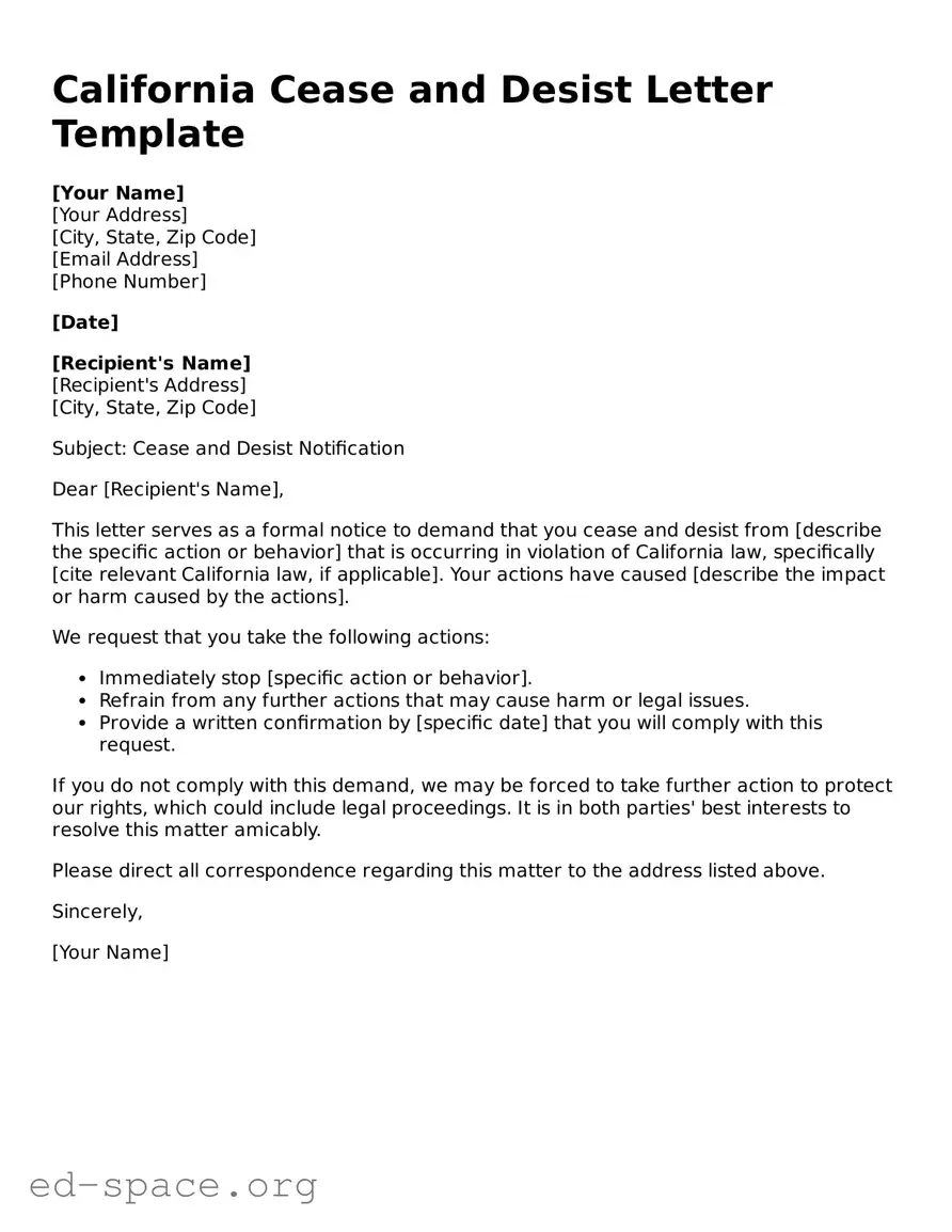 Free  Cease and Desist Letter Form for California