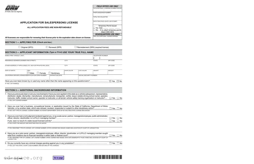 Blank California Vehicle Salesperson License PDF Form