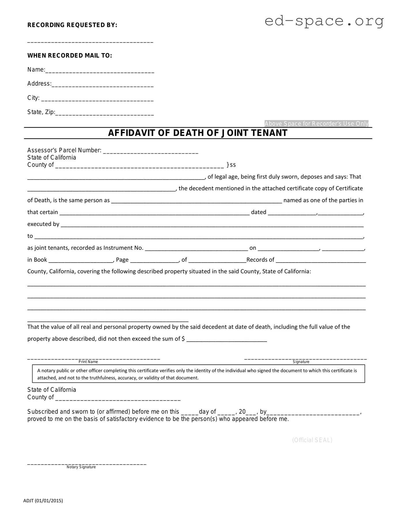 Blank California Death of a Joint Tenant Affidavit PDF Form