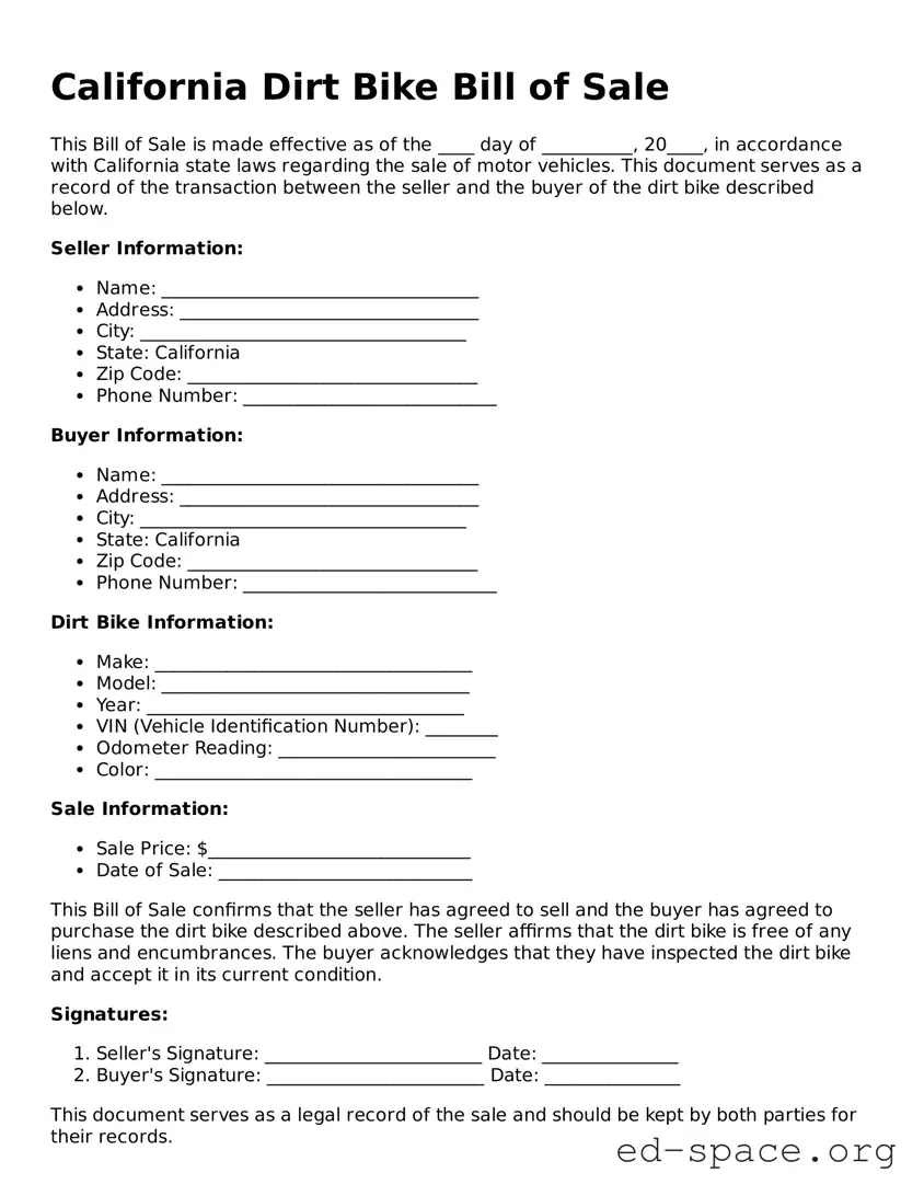 Free  Dirt Bike Bill of Sale Form for California
