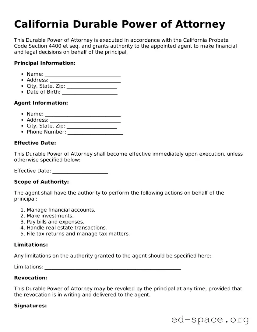 Free  Durable Power of Attorney Form for California