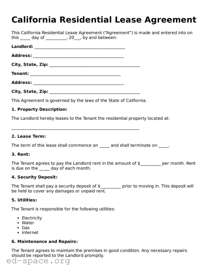 Free  Residential Lease Agreement Form for California