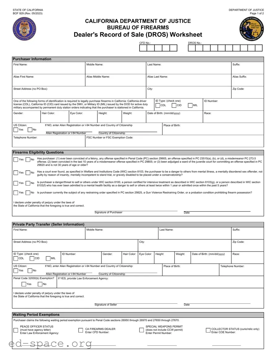 Blank California Dros PDF Form