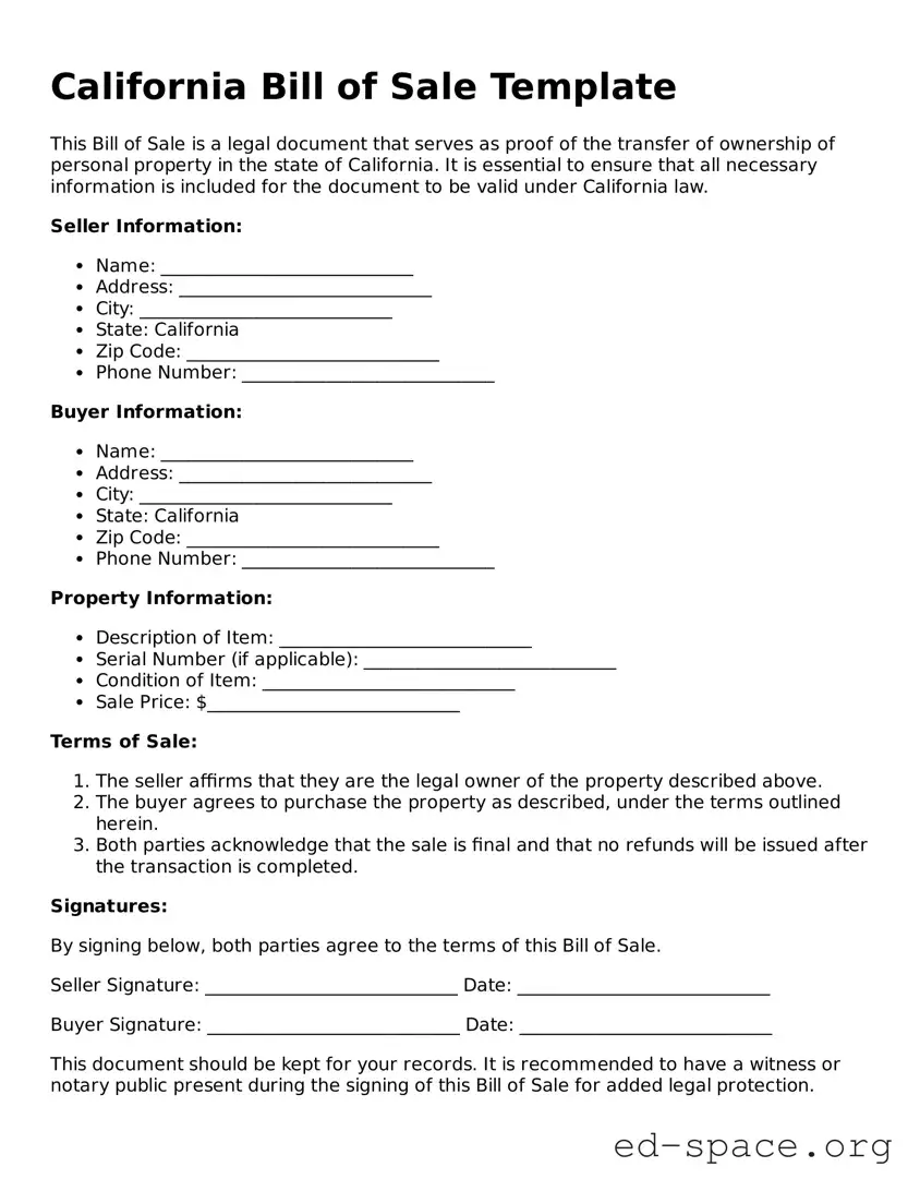 Free  Bill of Sale Form for California