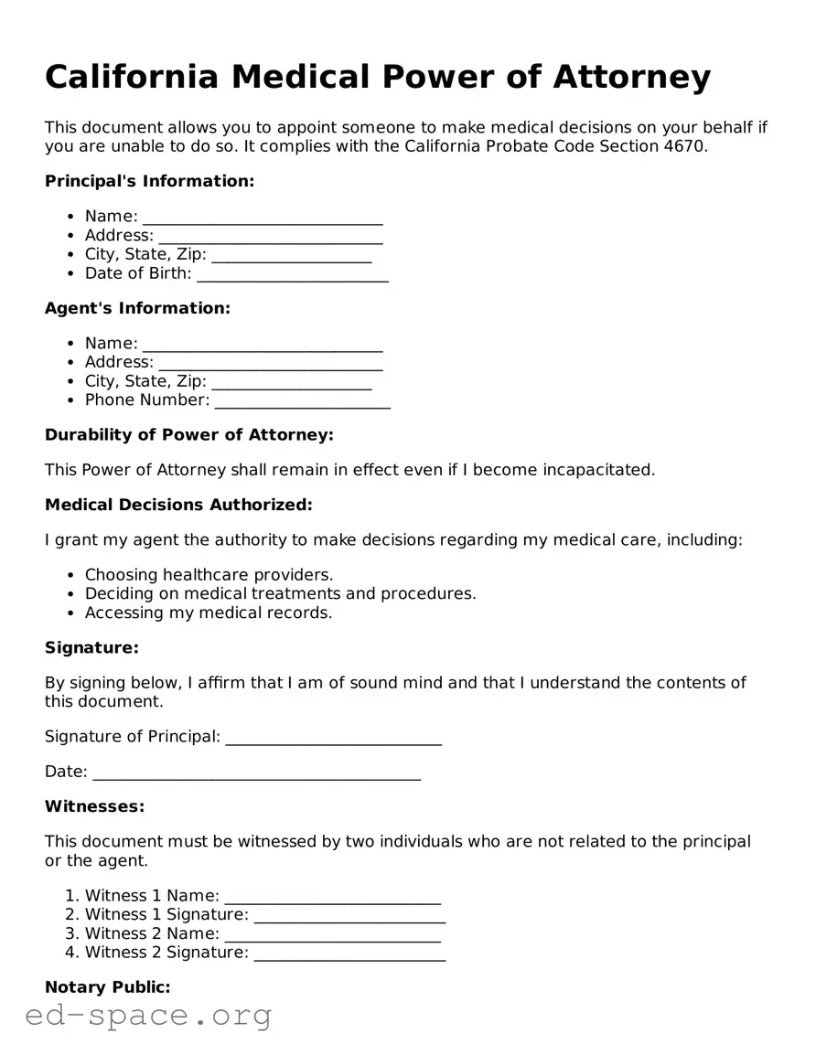 Free  Medical Power of Attorney Form for California