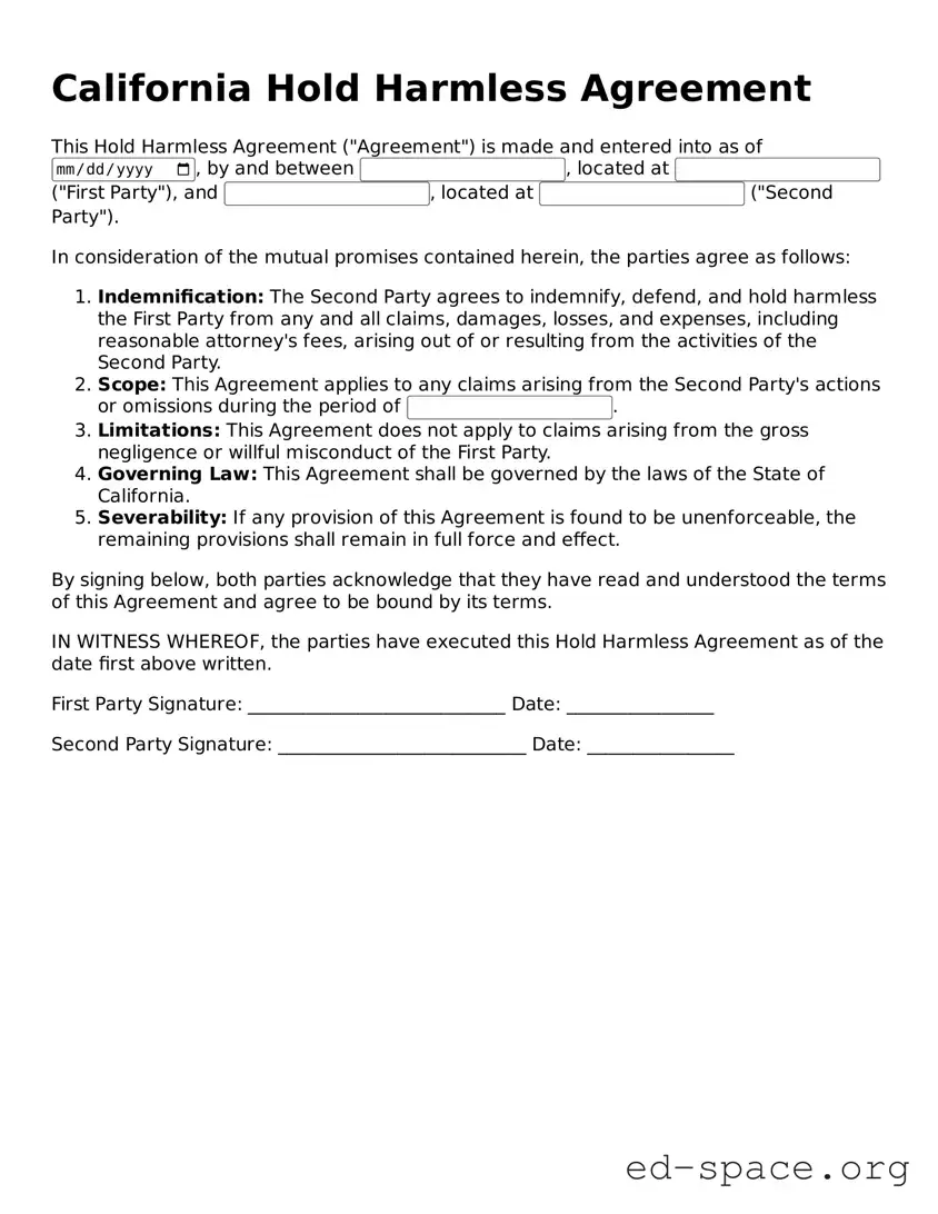 Free  Hold Harmless Agreement Form for California